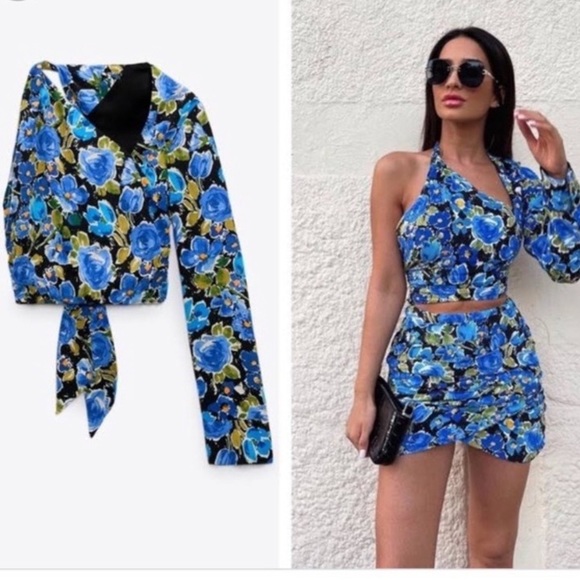 New Zara Floral Print One Sleeve Asymmetrical Cropped Too Size Small - Picture 16 of 16